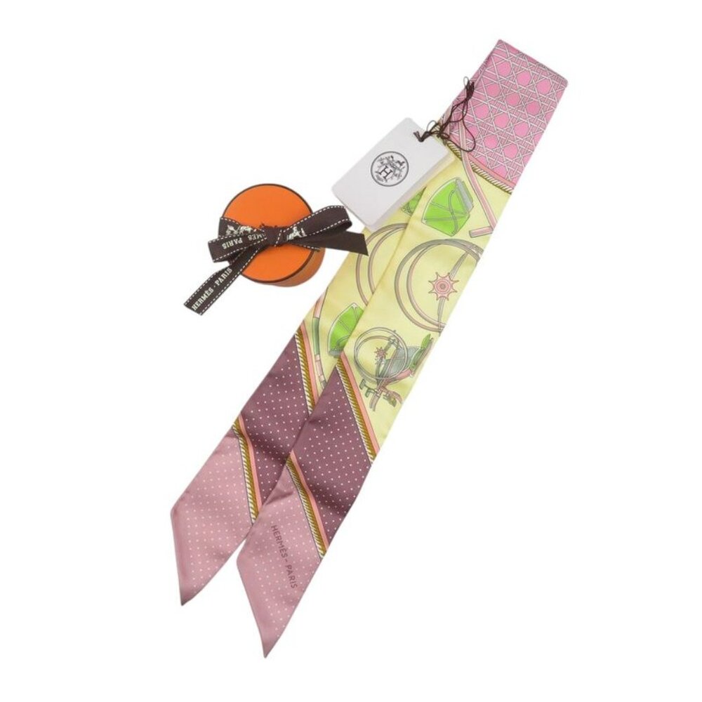 Hermes Twilly Foldable Covered Carriage Silk Jeanne Soufflet Yellow Pink Scarf